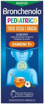SCIROPPO BRONCHENOLO PEDIATRICO TOSSE SECCA E GRASSA DA 1 ANNO IN SU 120 ML GUSTO FRAGOLA SENZA COLORANTI ARTIFICIALI, SENZA ALCOL, SENZA OGM
