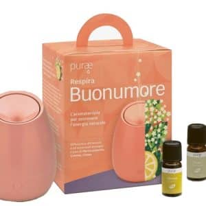 PURAE RESPIRA BUONUMORE KIT CON DIFFUSORE A ULTRASUONI E 3 OLI ESSENZIALI BIOLOGICI E PURI DI MENTA PIPERITA, LIMONE, LITSEA